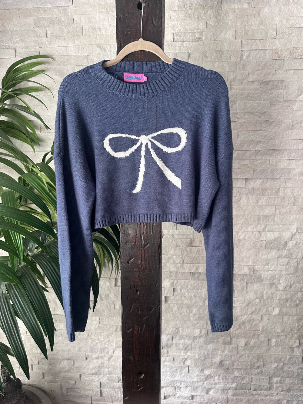 Edikted Navy Cropped Coquette Knit Sweater with White Bow Size XS/Small